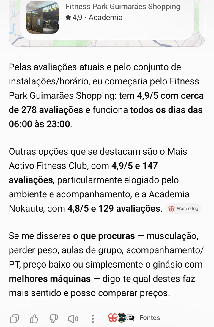Captura da gravação: a resposta do ChatGPT com a nota, o número de avaliações e o horário dos três ginásios, e a fonte Wanderlog.